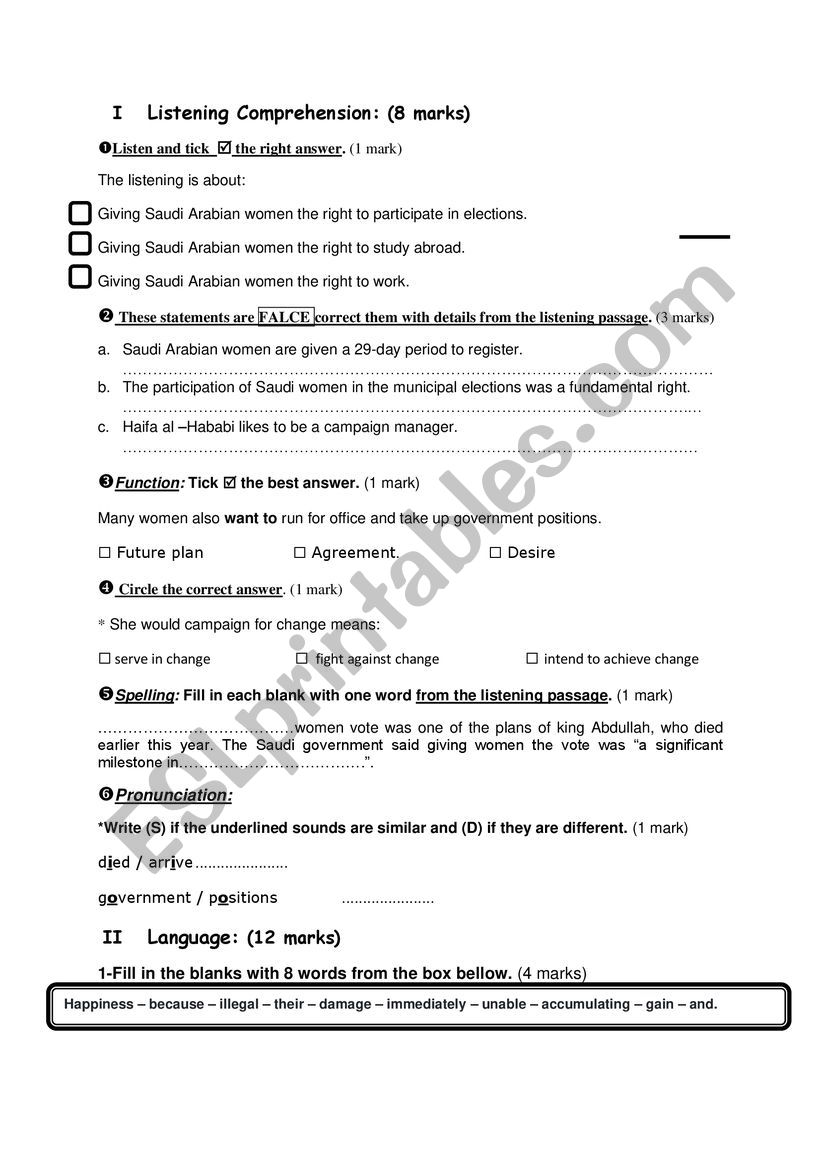 Mid term English Test N°2 - ESL worksheet by Mannoula