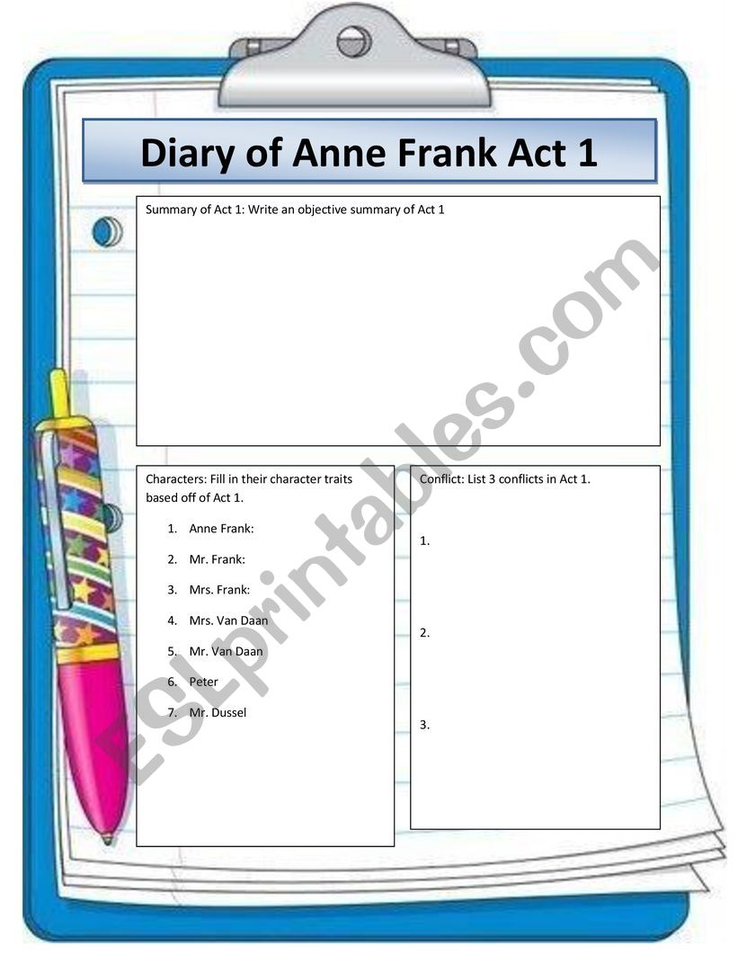 The Diary of Anne Frank Act 1 Worksheet 