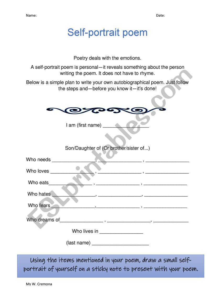 Self-portrait poem worksheet