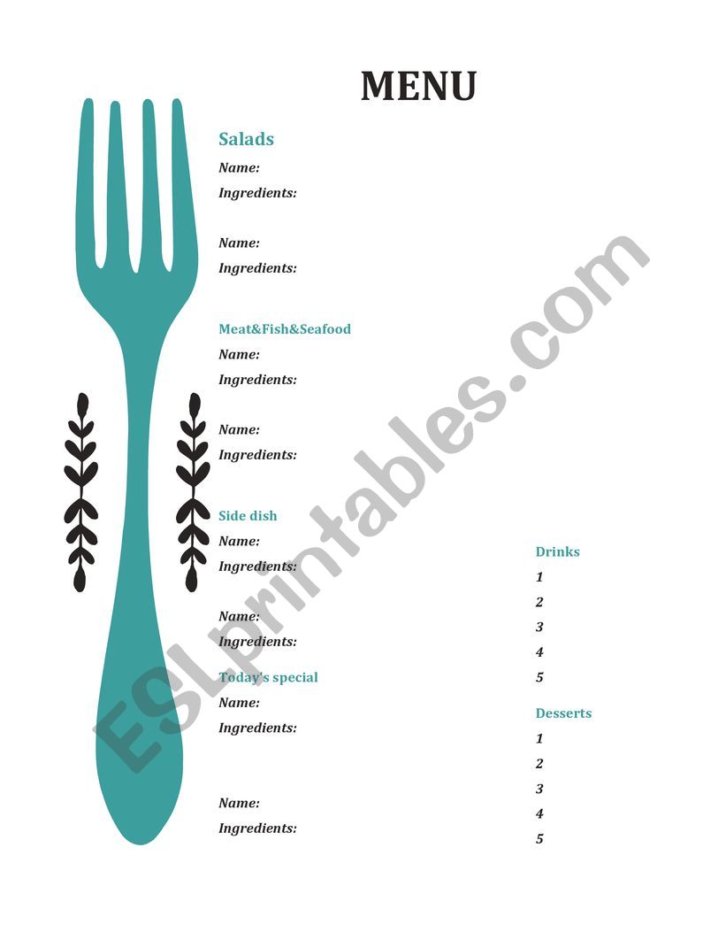 Menu writing worksheet