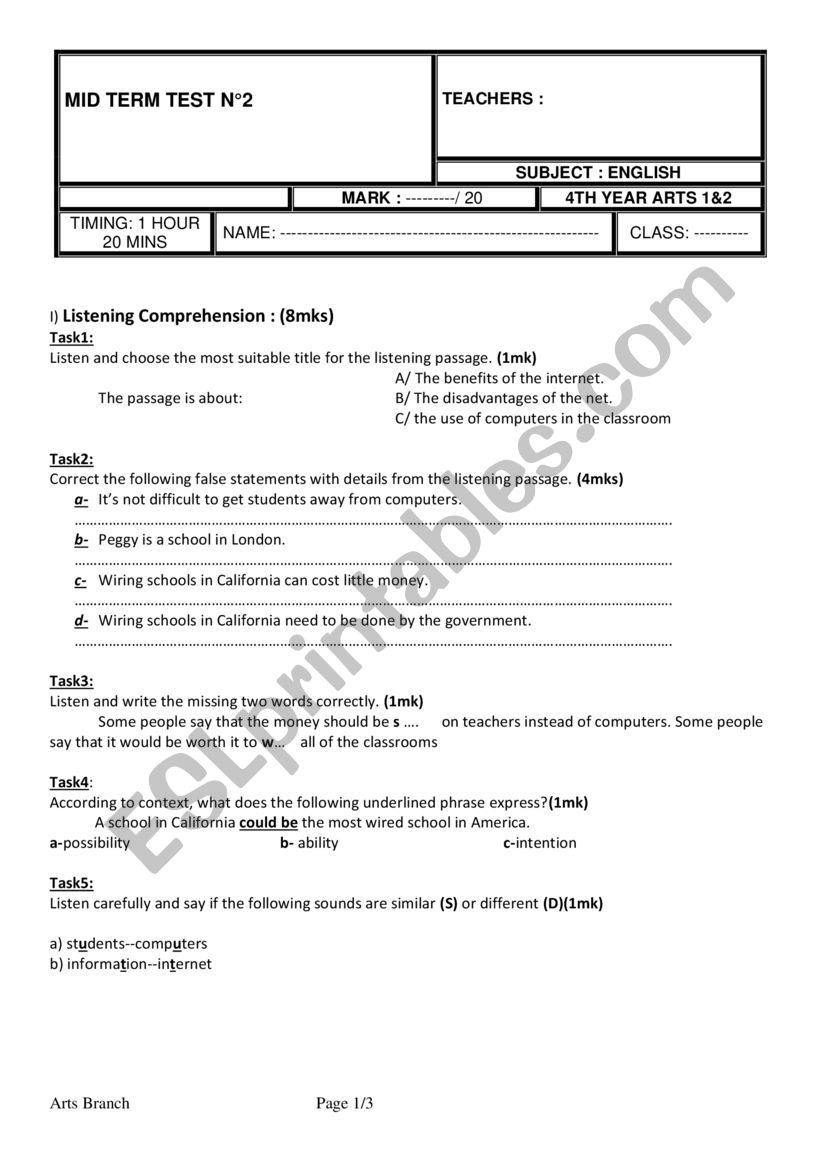 mid term test worksheet