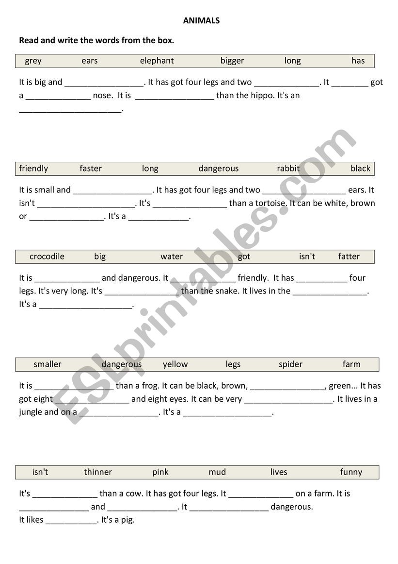 Describing animals - gap fill worksheet