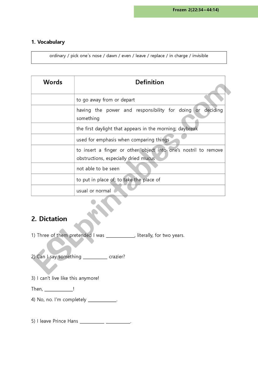 Frozen 1 Worksheet 2 worksheet