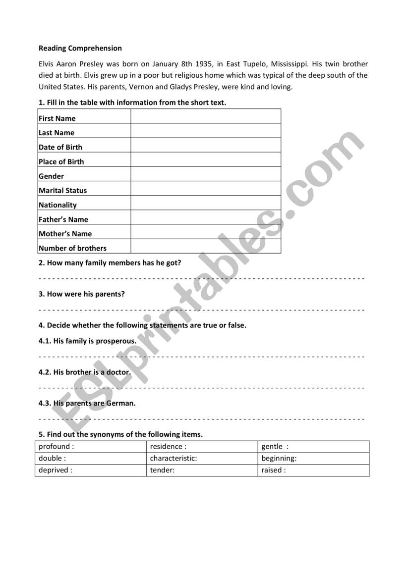 Reading Comprehension worksheet