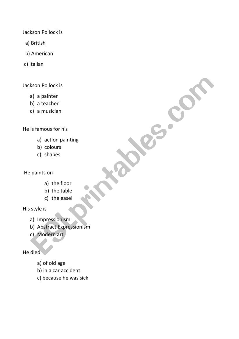 Test on Jackson Pollock worksheet