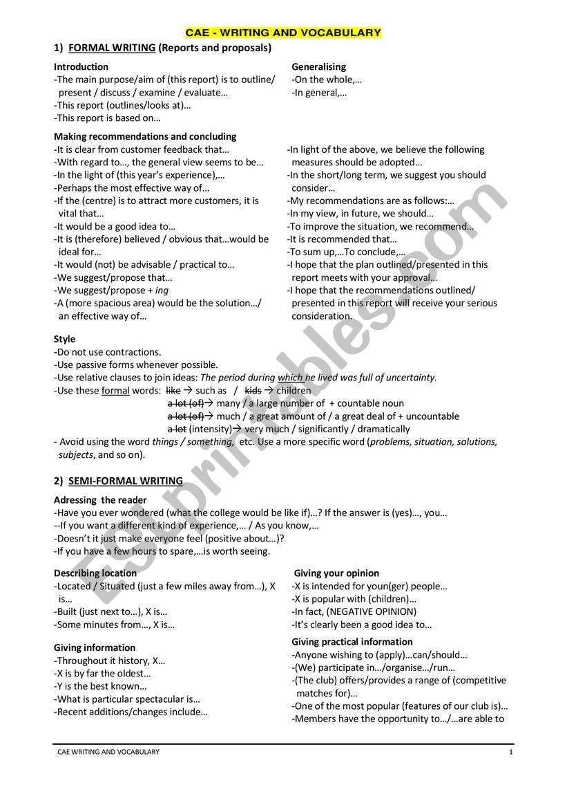 CAE Speaking worksheet