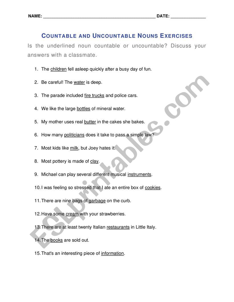 Countable/Uncountable Nouns worksheet