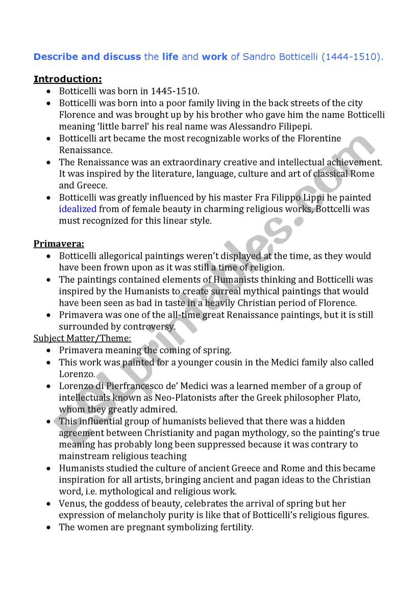 Botticelli Art Essay worksheet