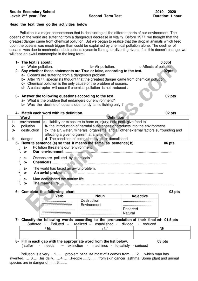 Second term  test ( 2nd year) worksheet