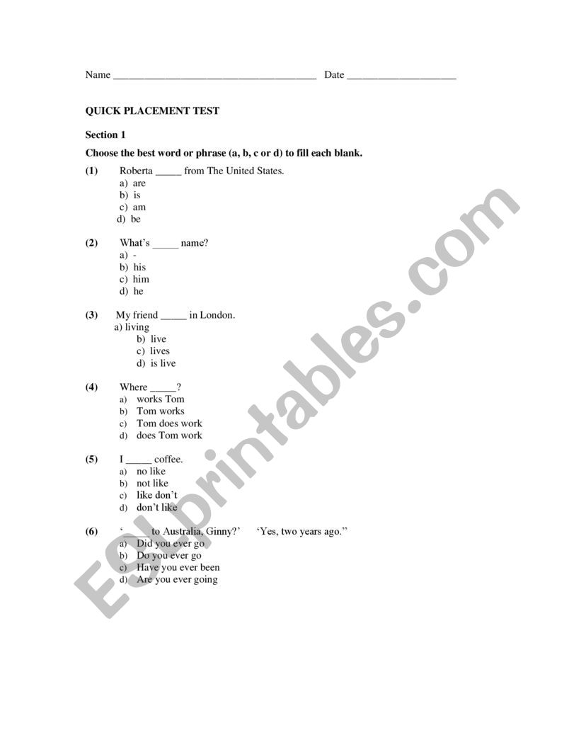 Placement English Test worksheet