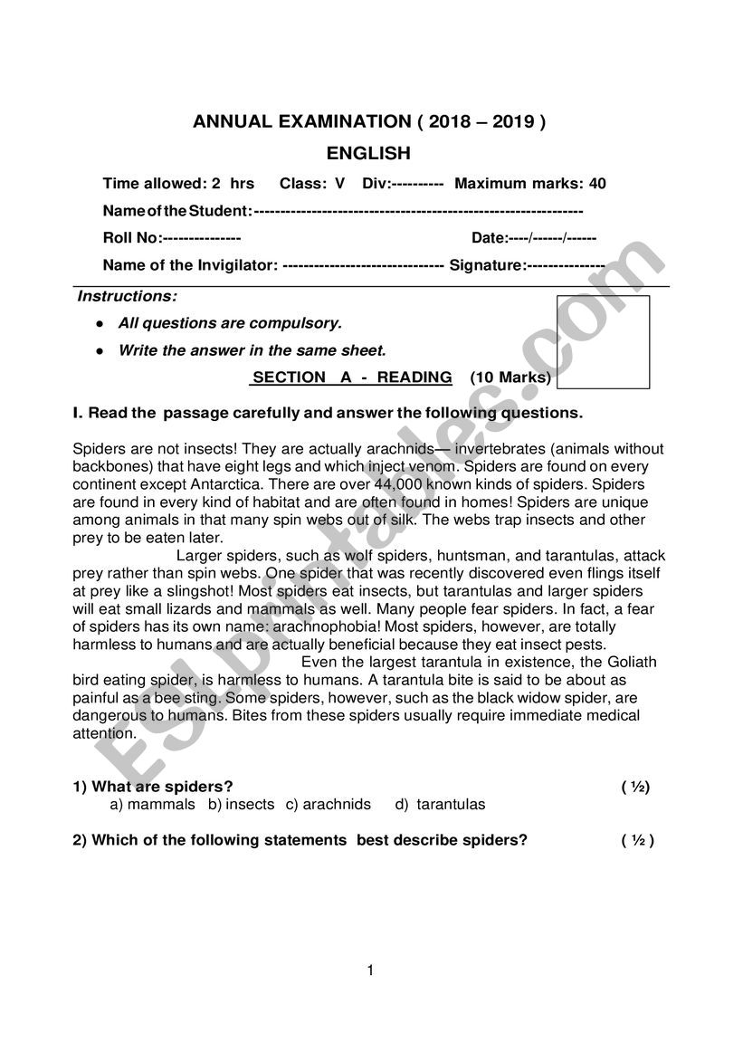 English worksheet grade 5 worksheet