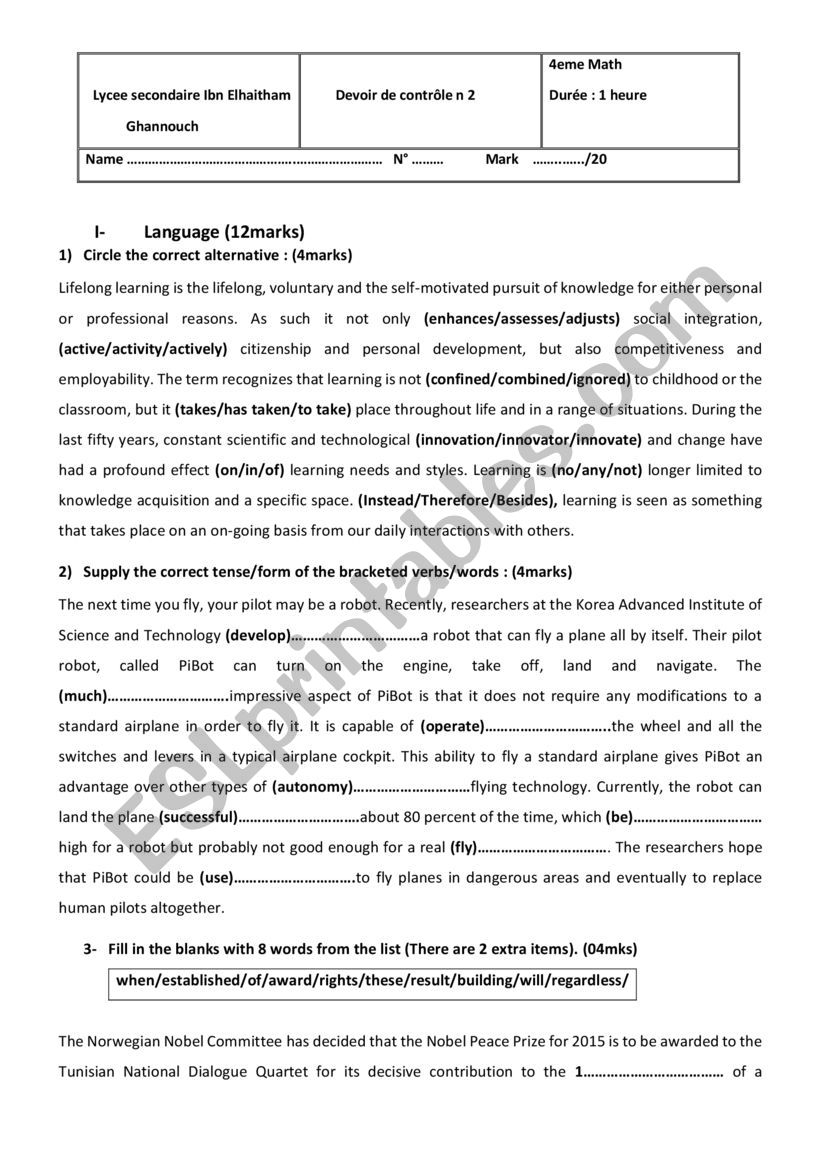 MID-TERM TEST2 4th form worksheet