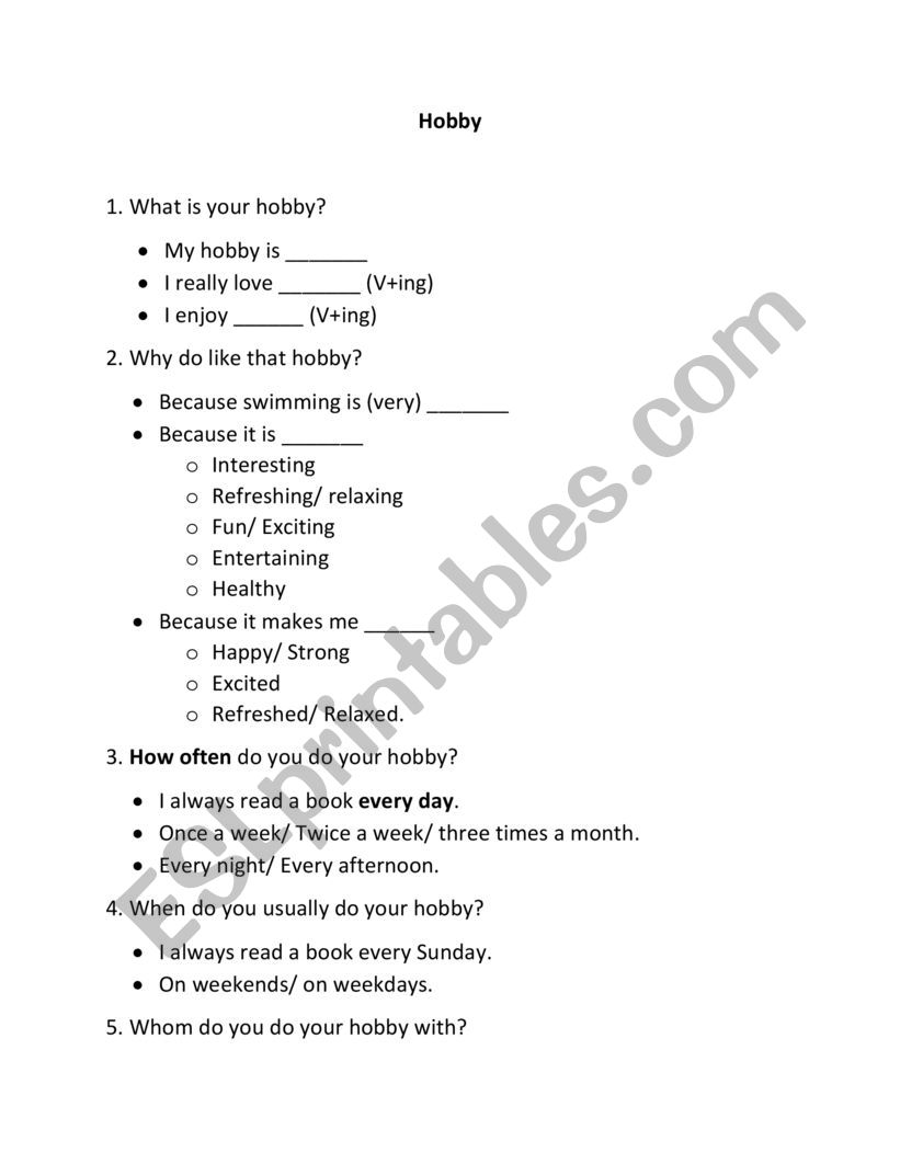 hobby worksheet