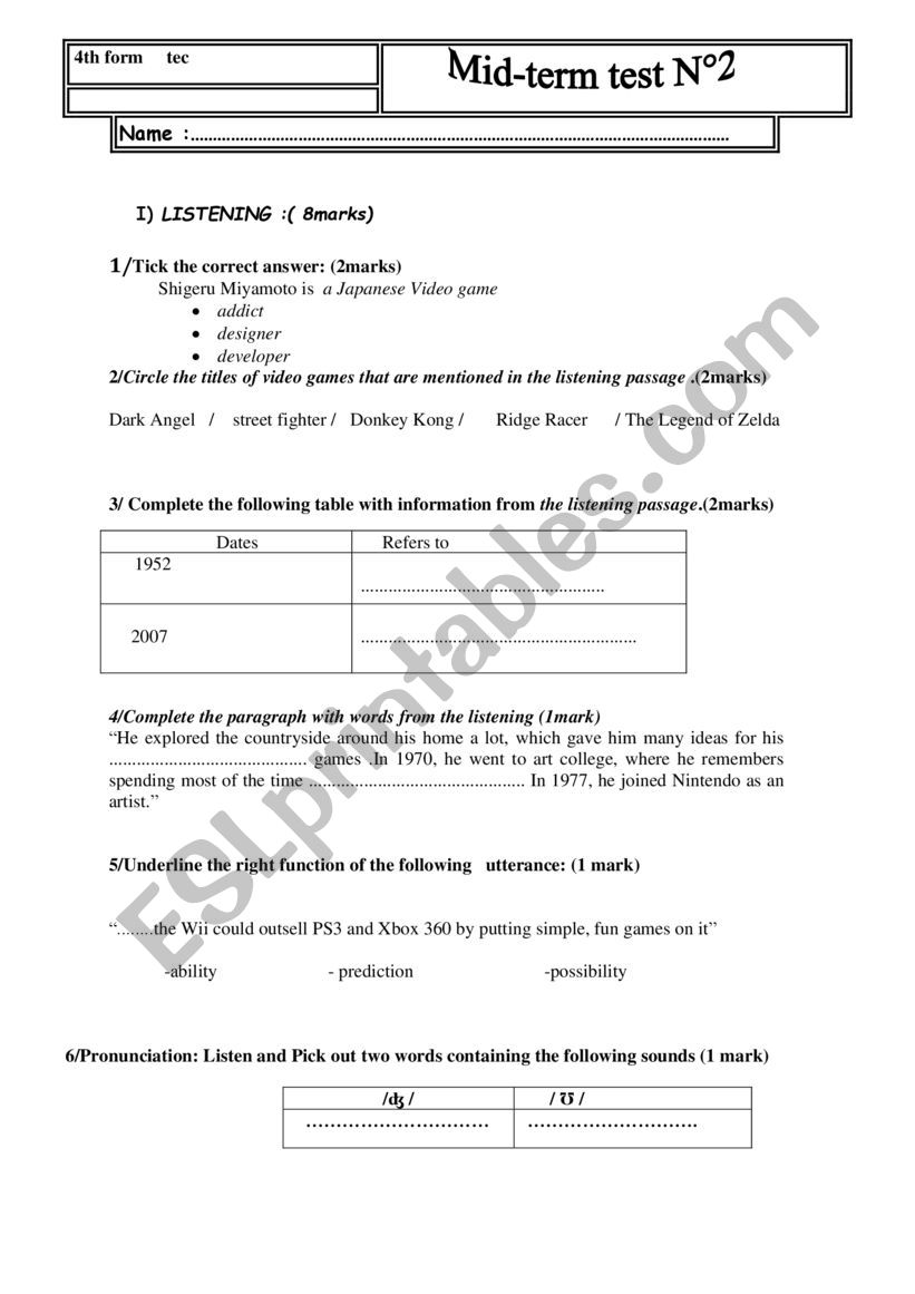 4 th form test n 2 worksheet