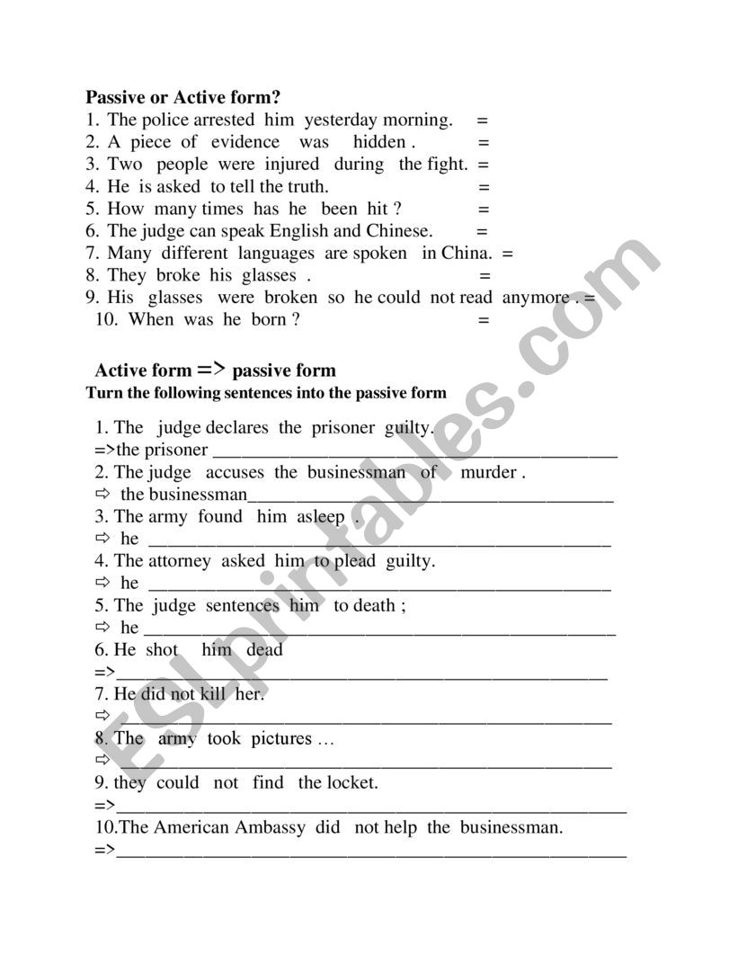 Active vs Passive form worksheet