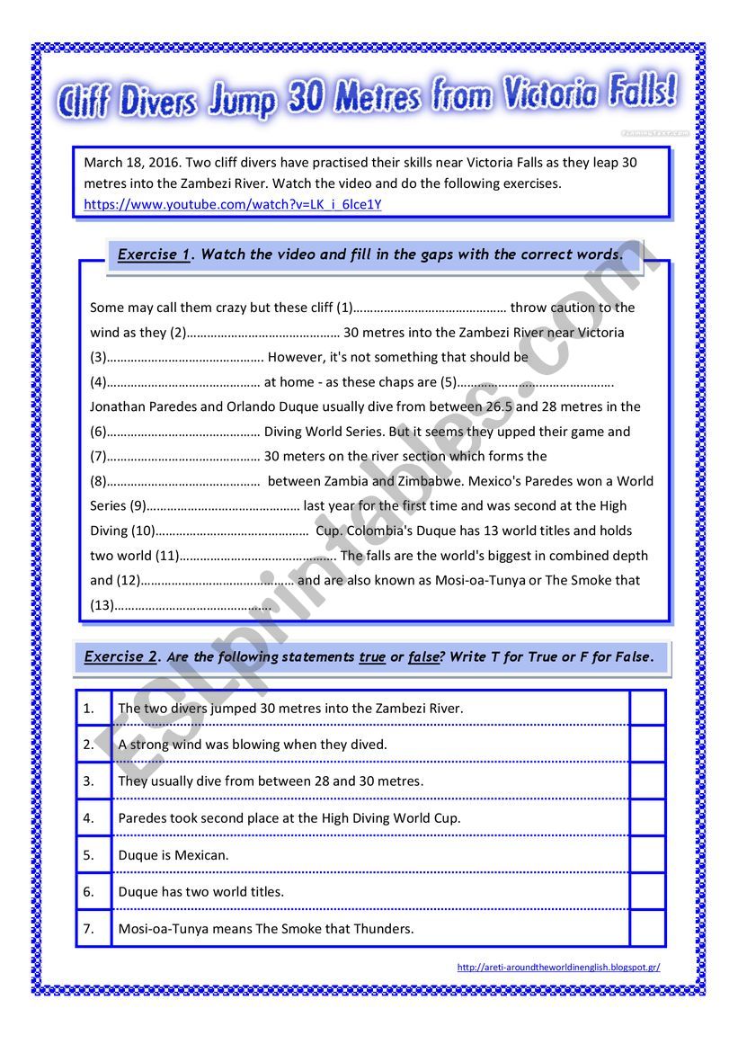 english worksheets victoria falls