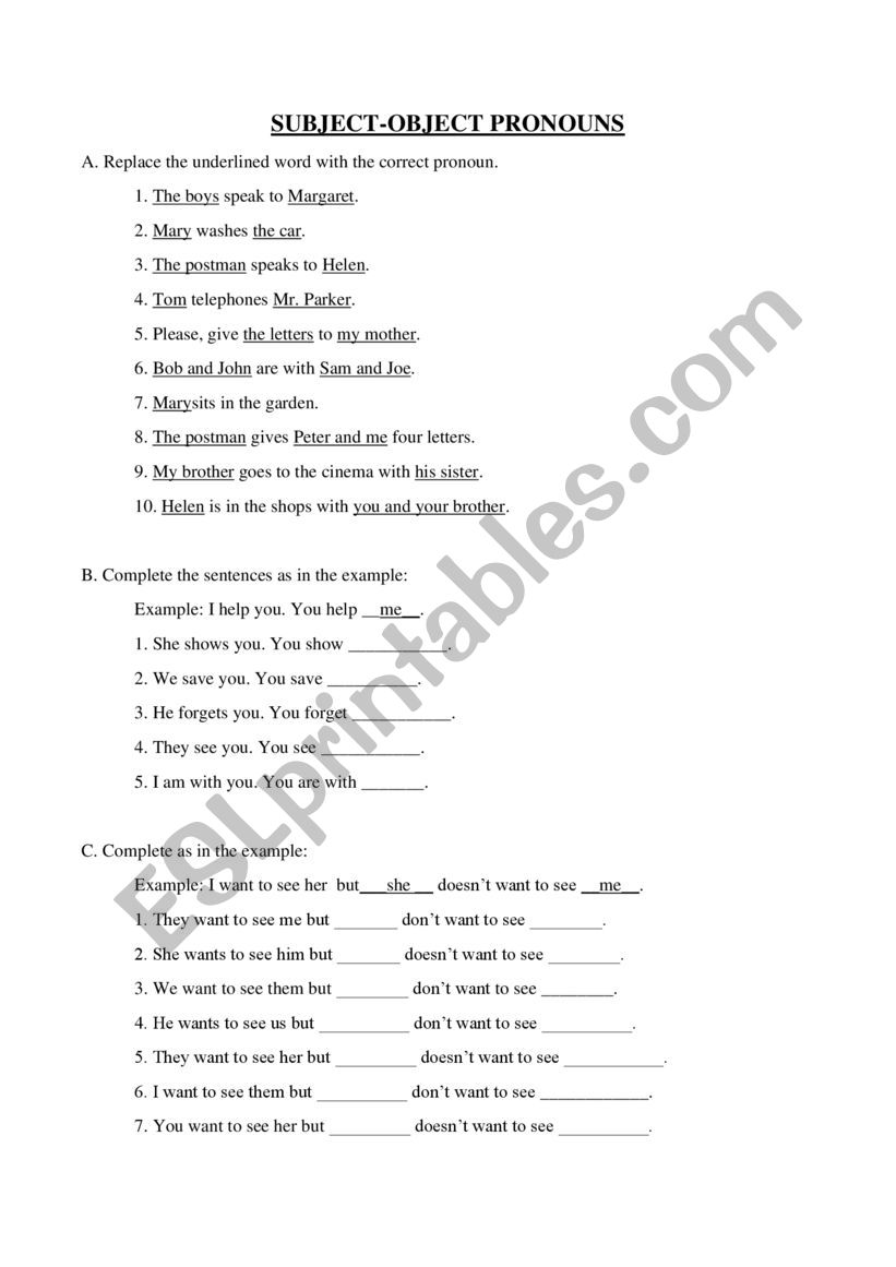 Subject and object pronouns worksheet