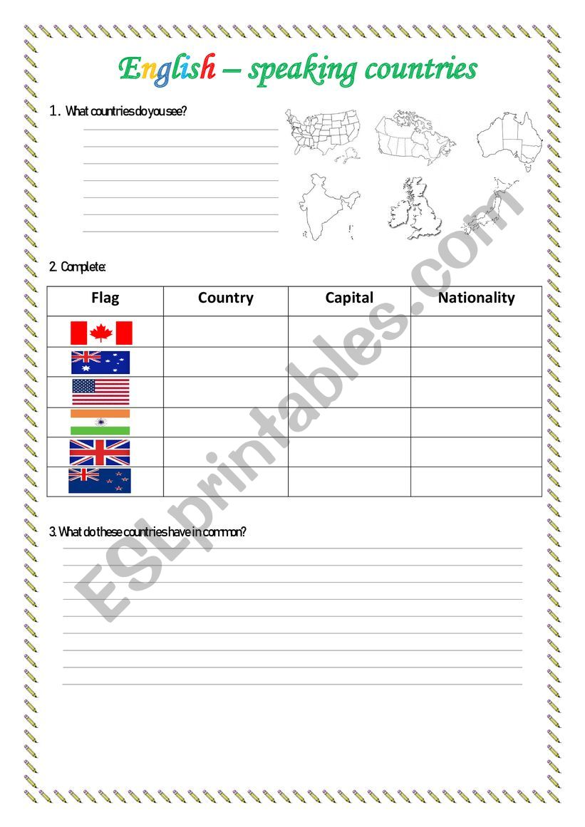 English-speaking countries worksheet