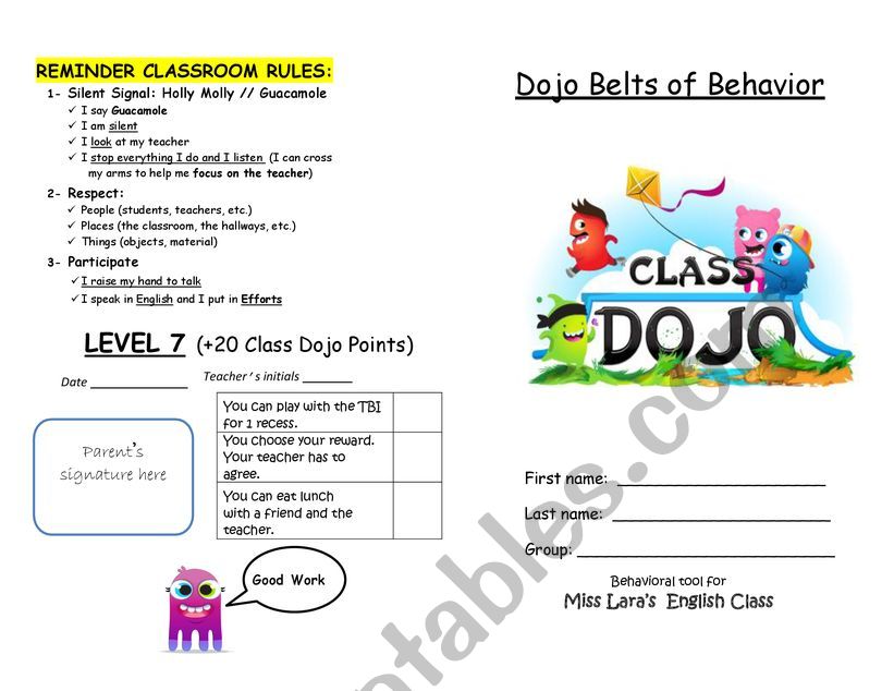 Dojo booklet worksheet