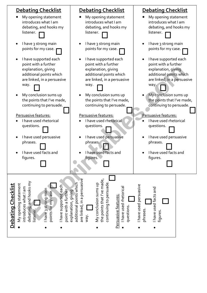 Debate checklist worksheet