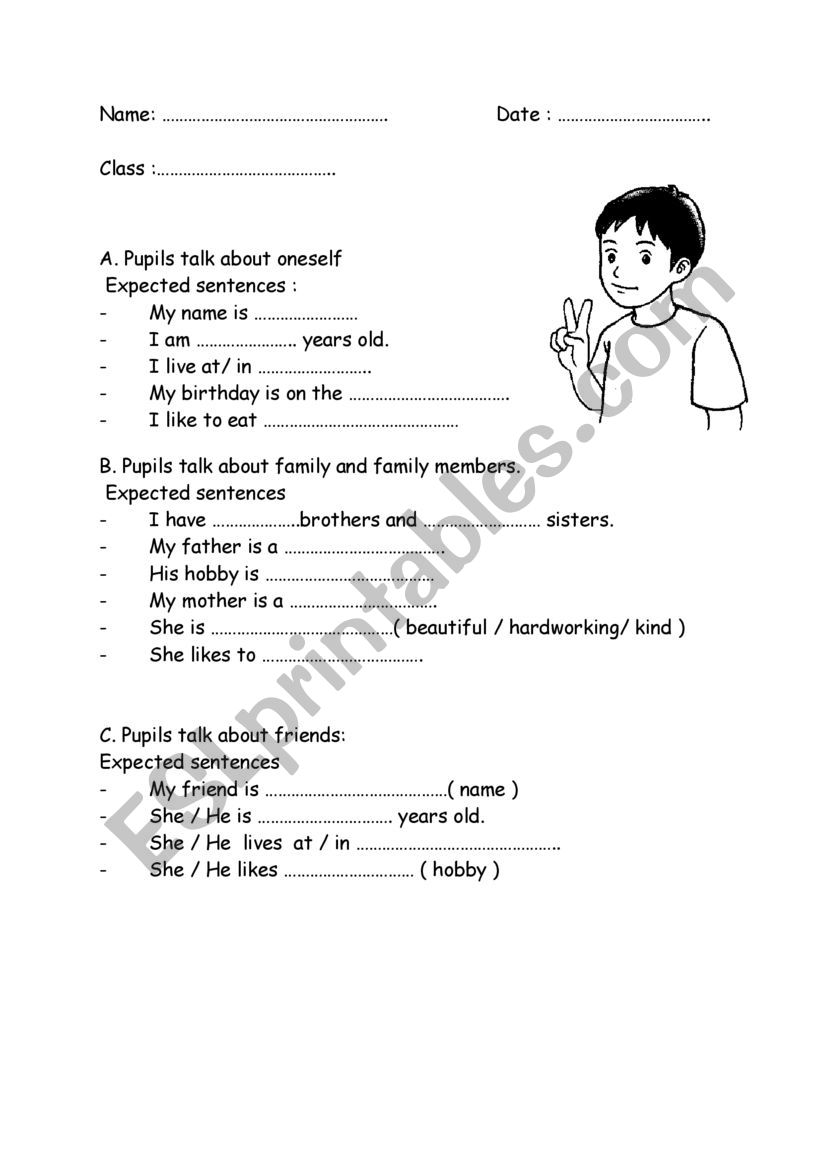 About myself and one�s self worksheet