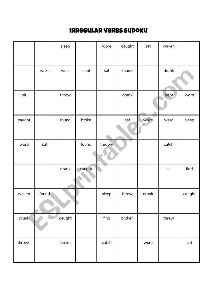 Irregular verb sudoku worksheet