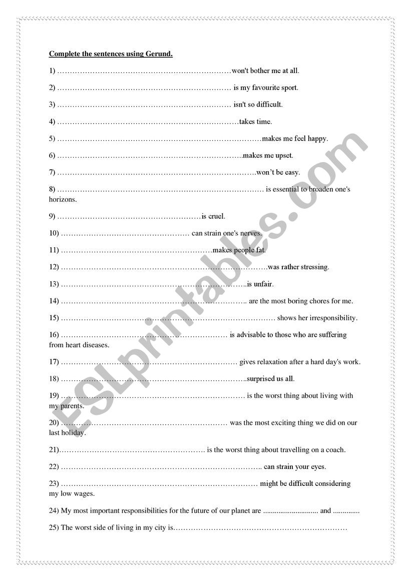 gerunds -sentence completion worksheet