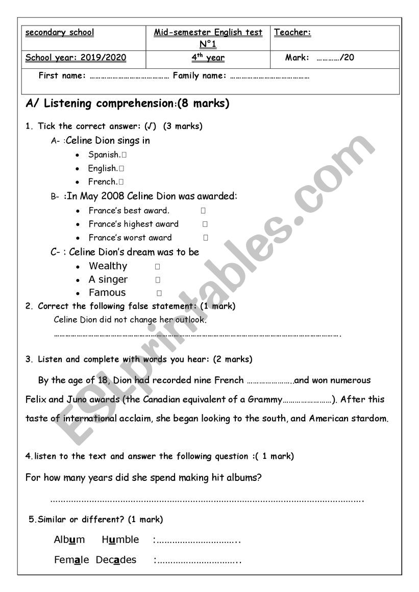 Mid-semester English test N1 worksheet