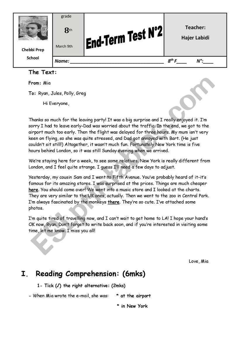 end term test 2 8th form worksheet