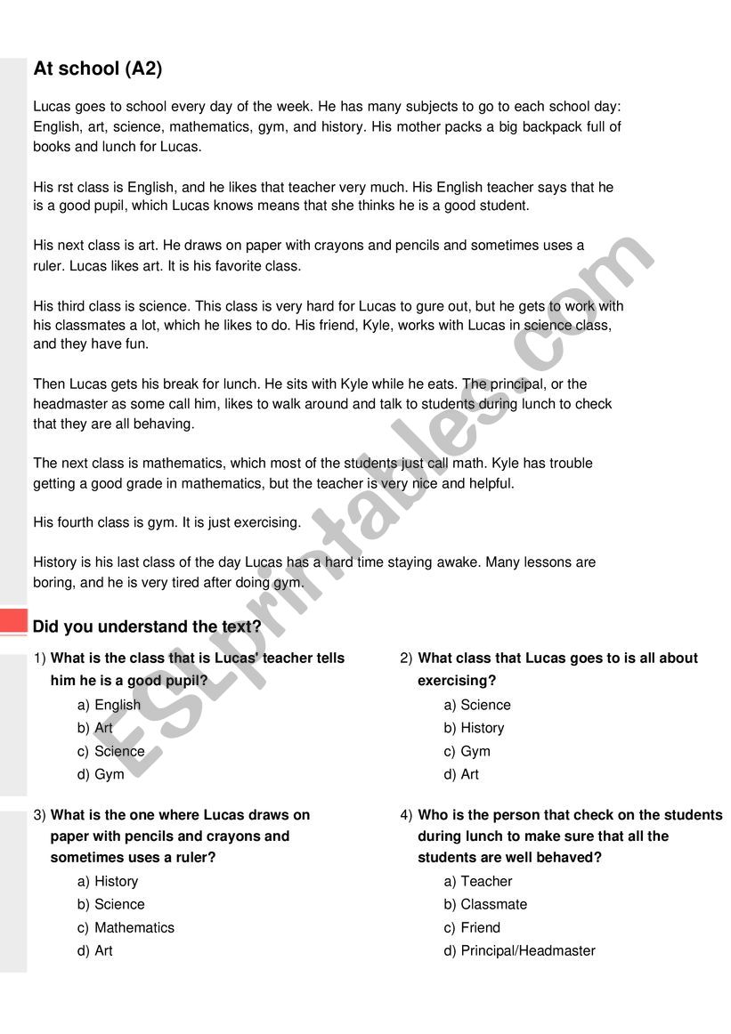 English text at school worksheet