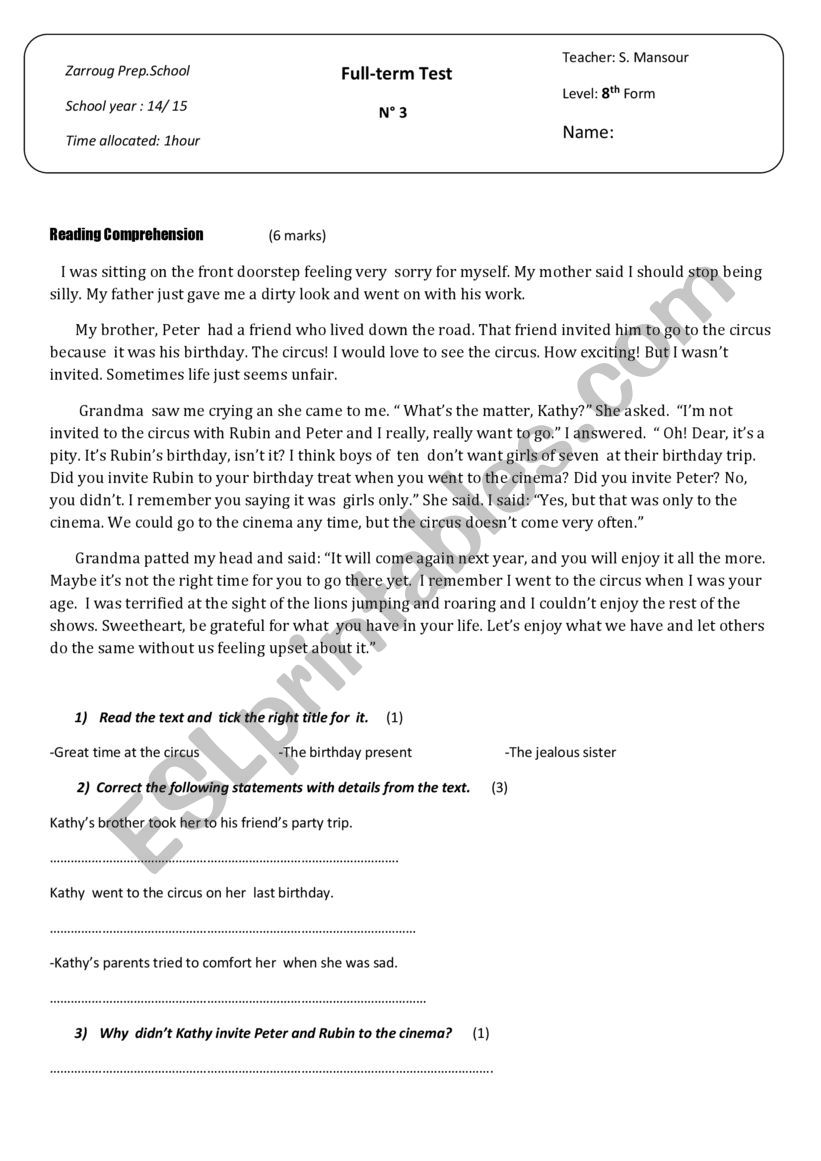 full-term test N°3 8th form - ESL worksheet by ciada