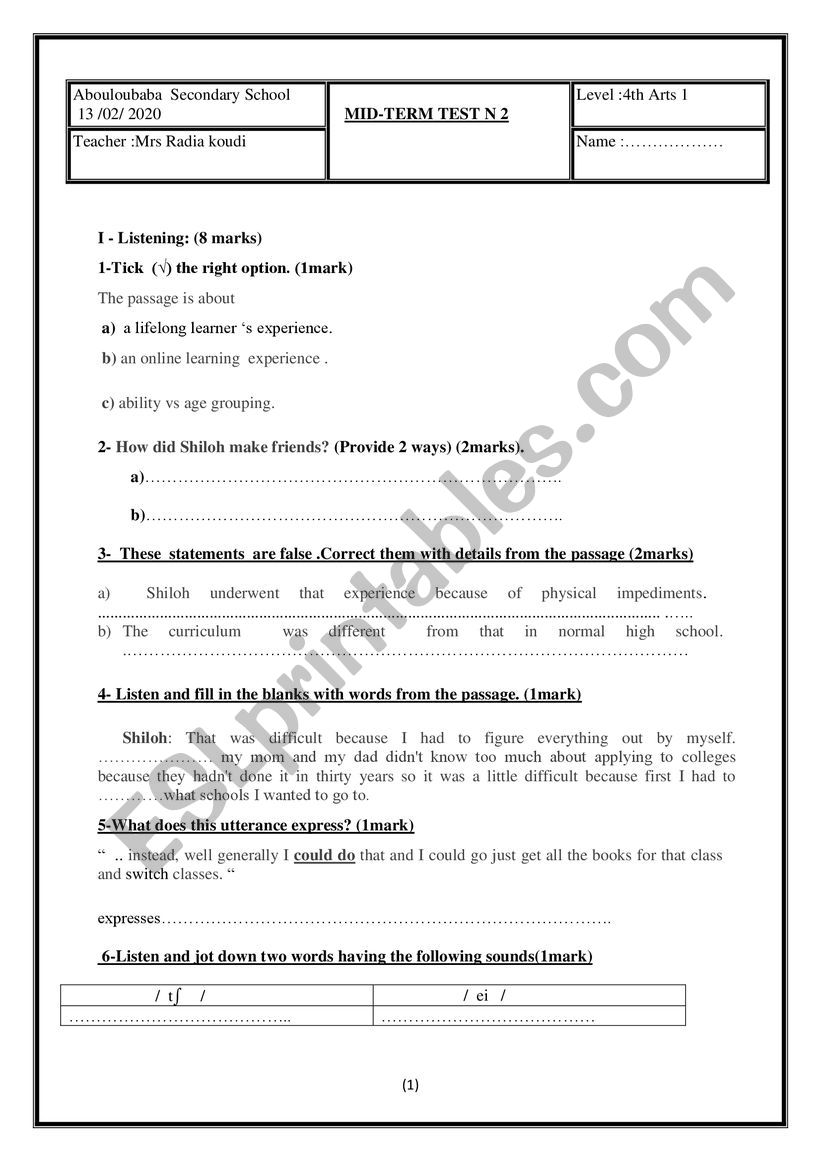 Mid - term test 2 ; 4th form worksheet