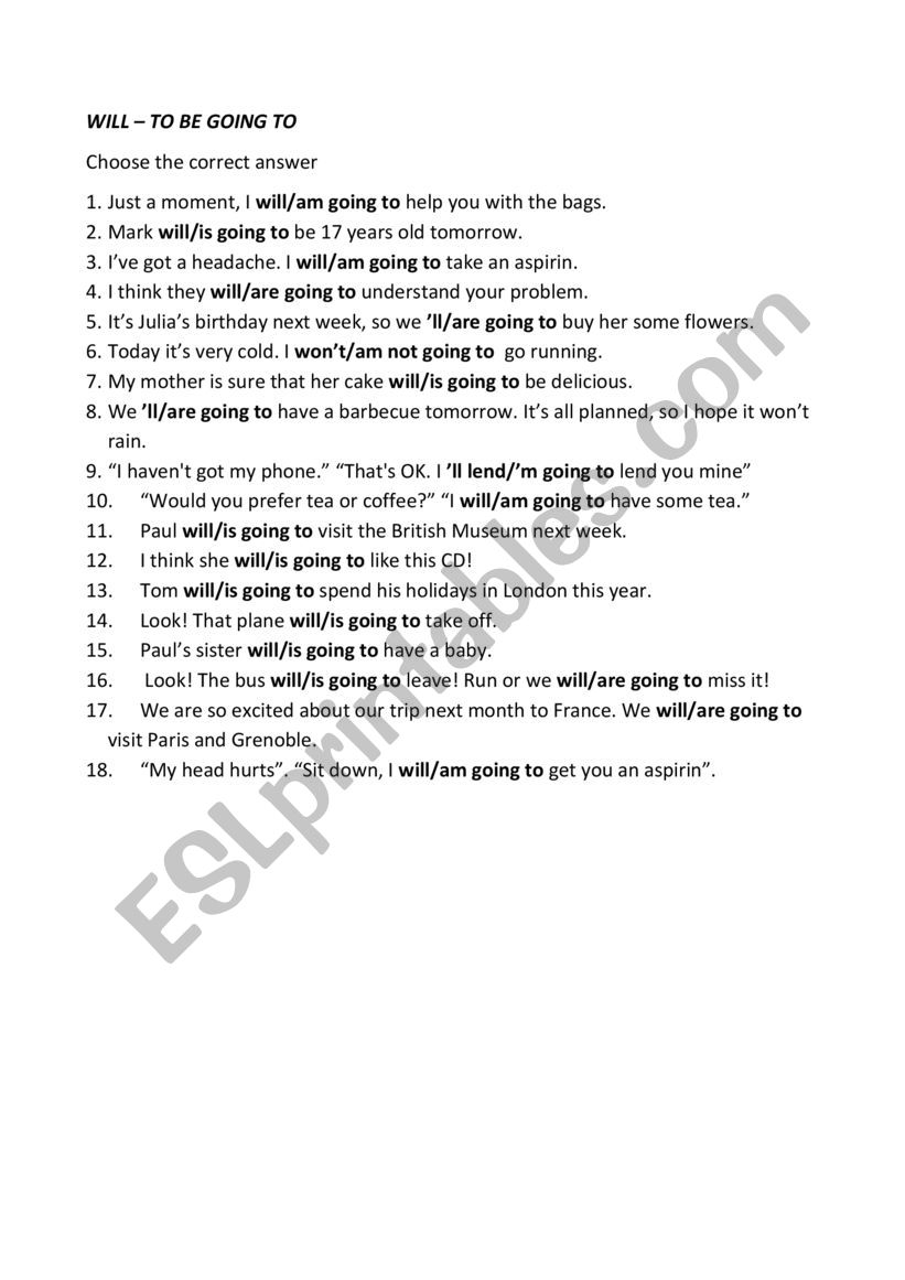 Will or going to? worksheet