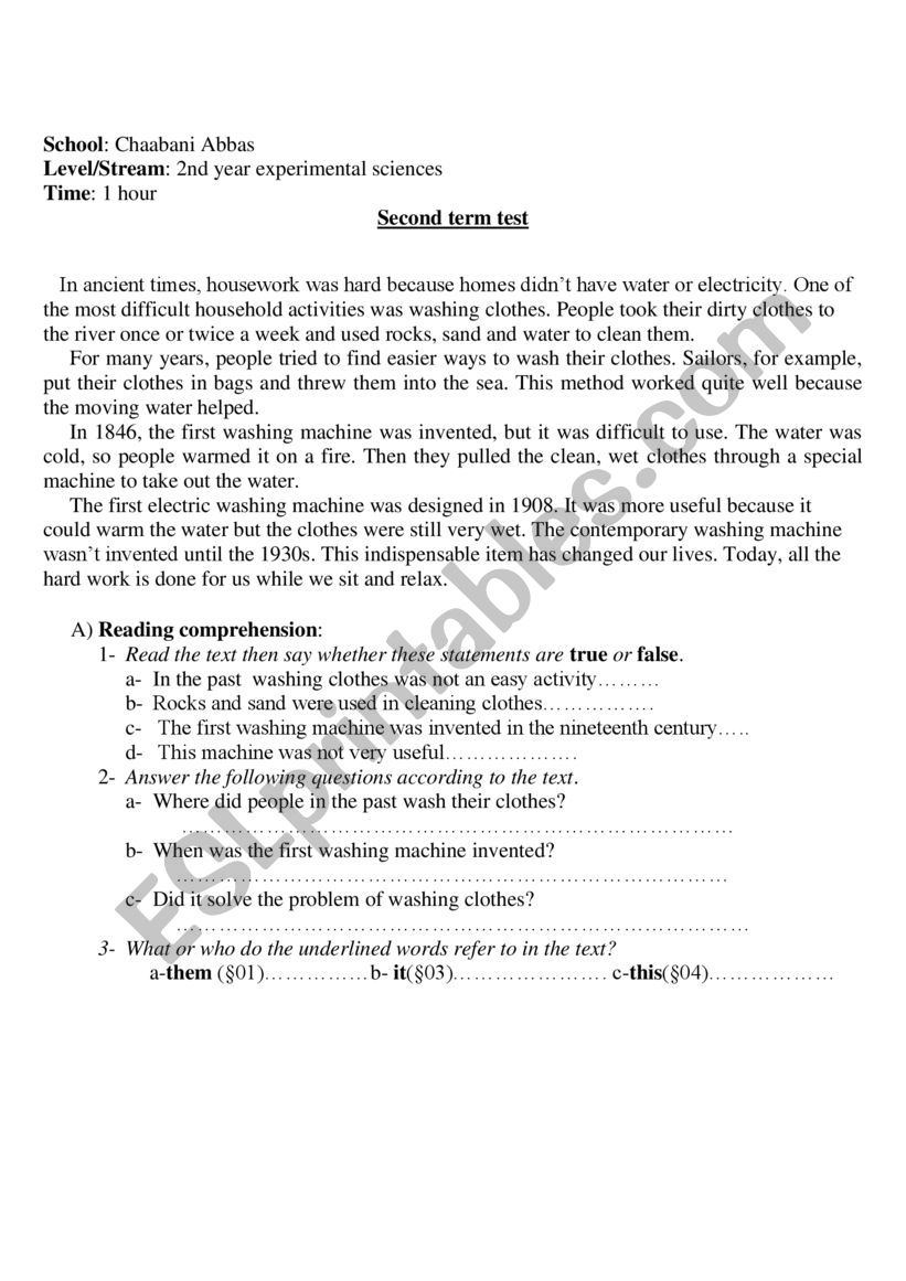 Second term test of English worksheet