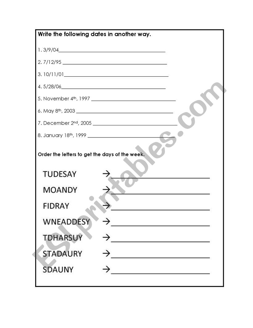 Dates worksheet