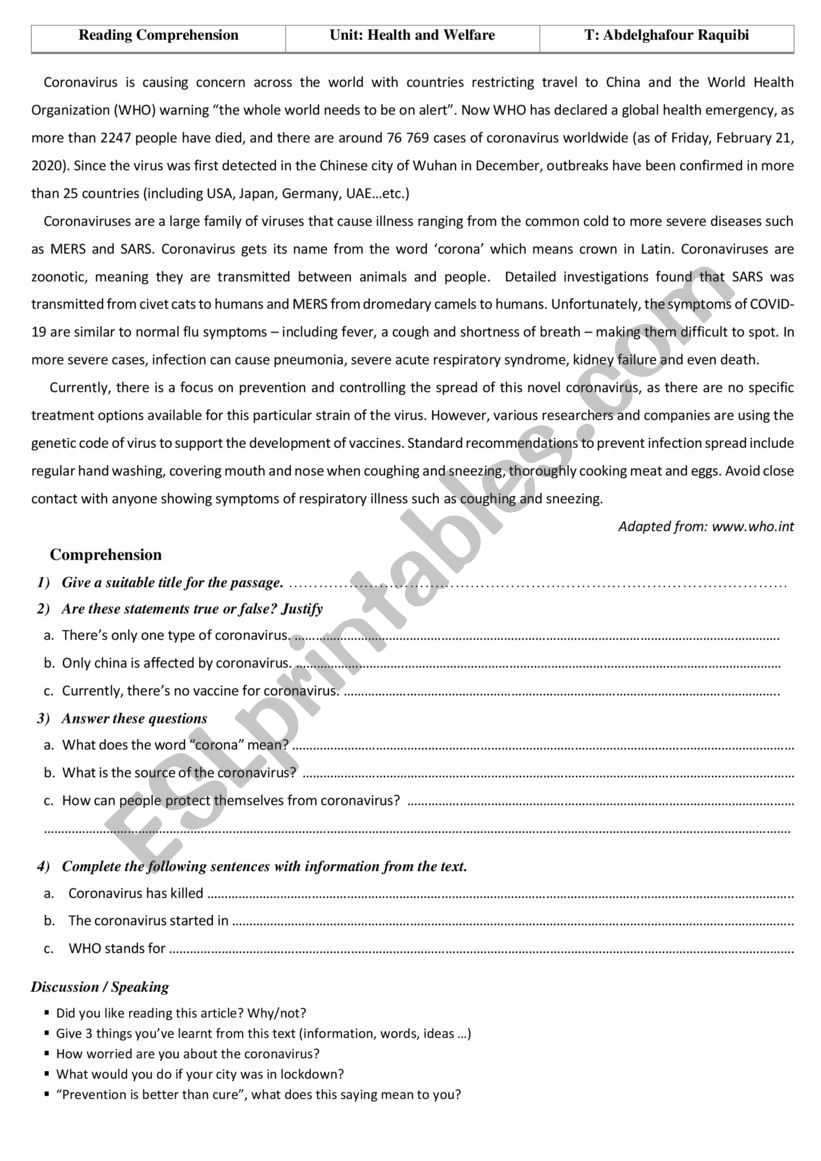 Coronavirus worksheet