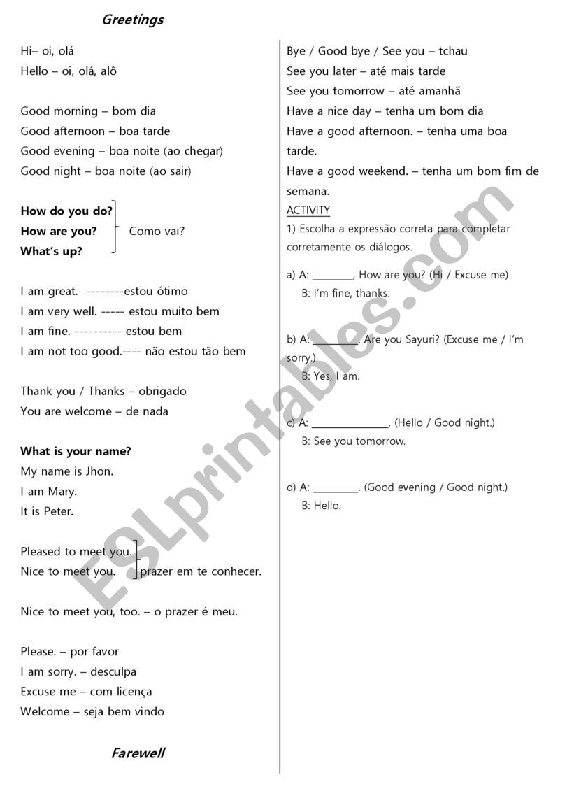 GREETINGS worksheet