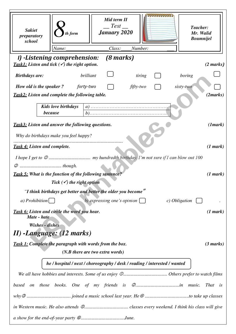 mid term II test 8th form 2019 2020