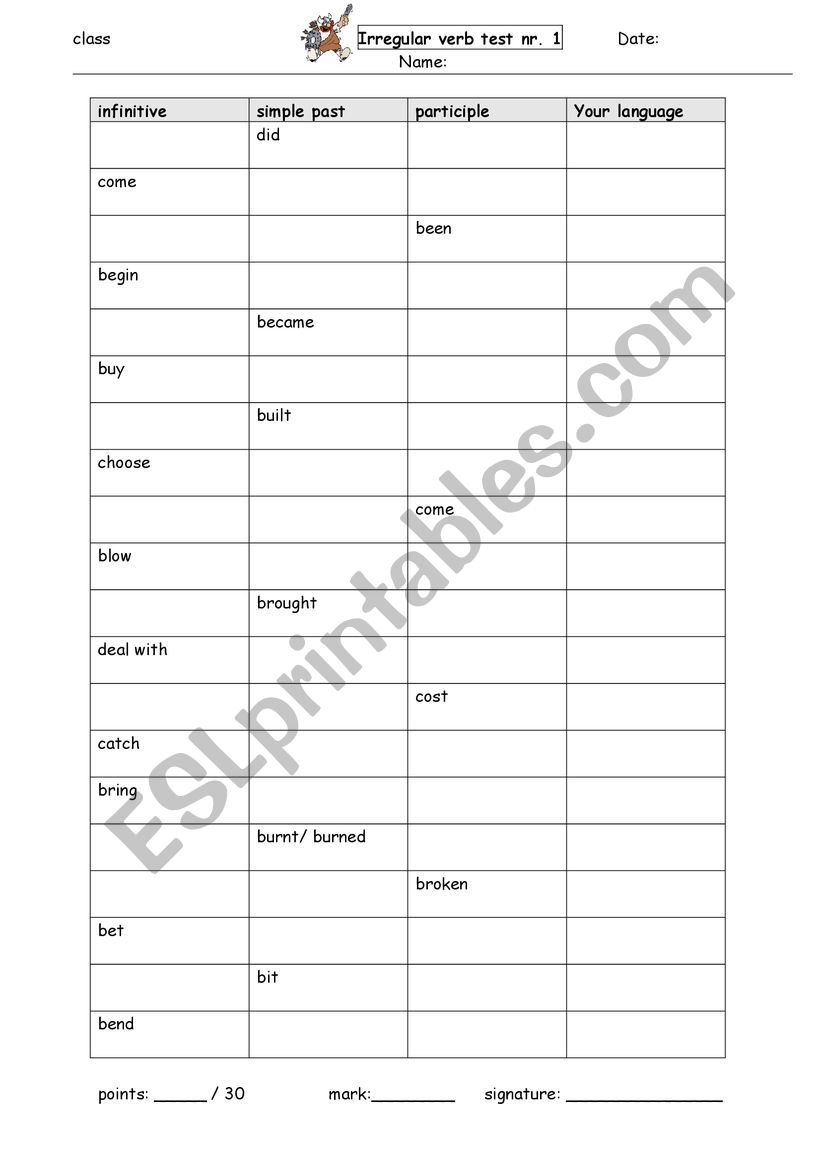 Irregular verbs test 1 worksheet