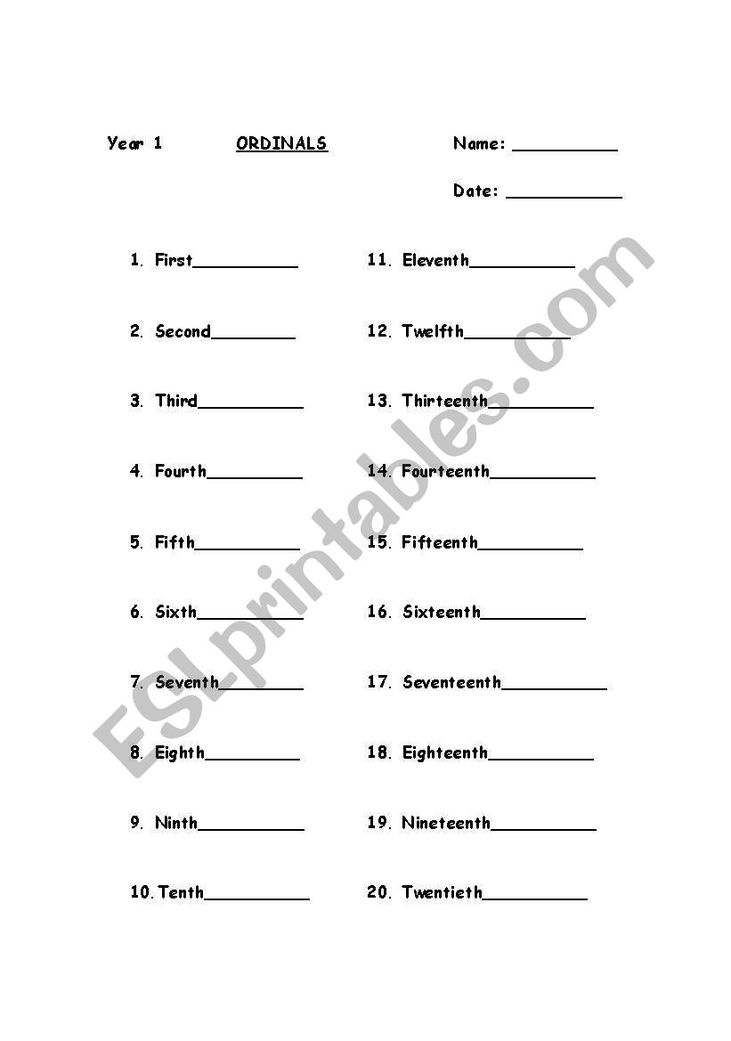 Ordinals 1 - 20  worksheet