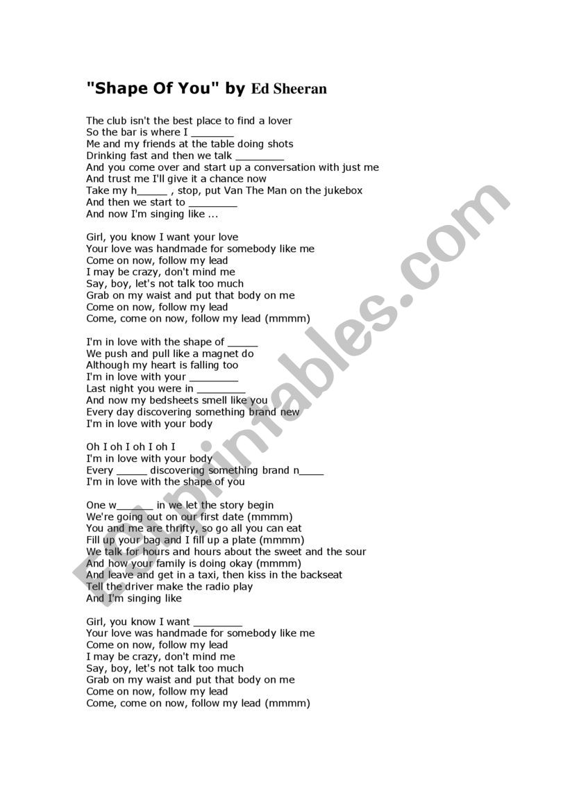 Sahpe of you lyrics worksheet