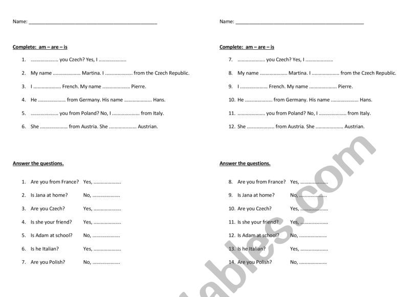 To be - easy worksheet worksheet