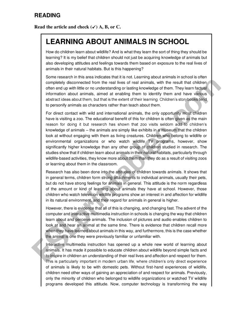 READING-LEARNING ABOUT ANIMALS IN SCHOOL