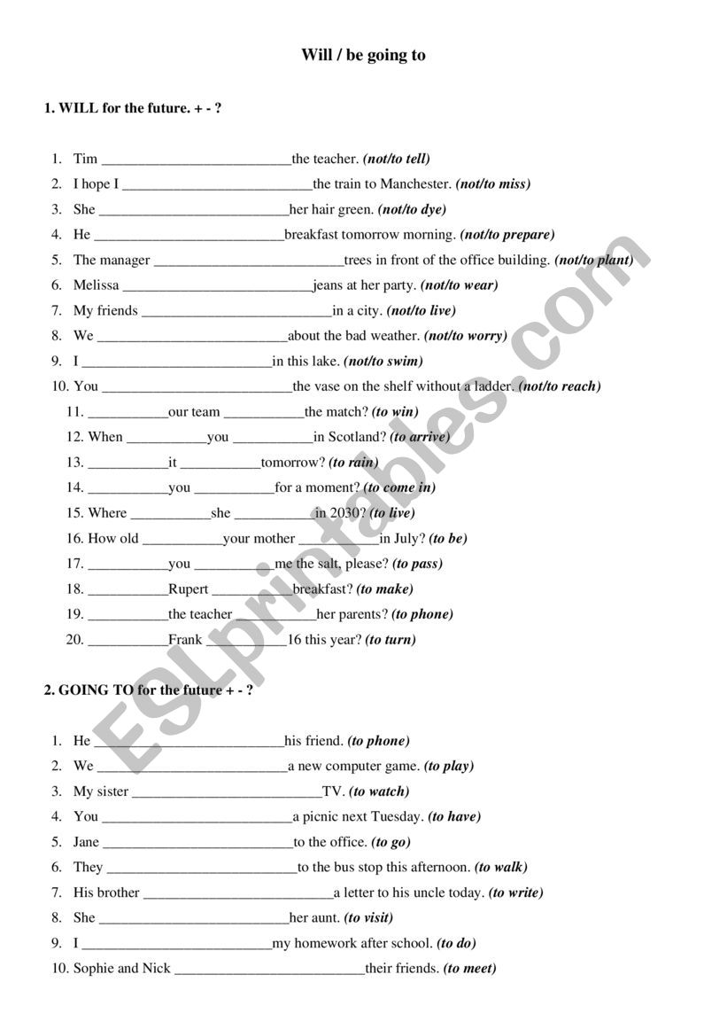 Future: will or going to worksheet