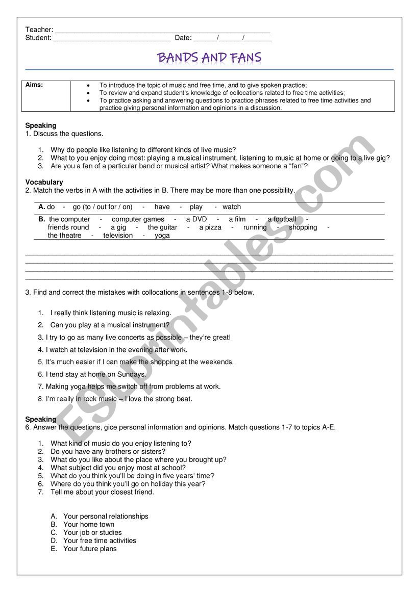 FANS AND BANDS worksheet