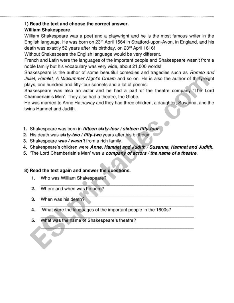 Shakespeare�s life worksheet