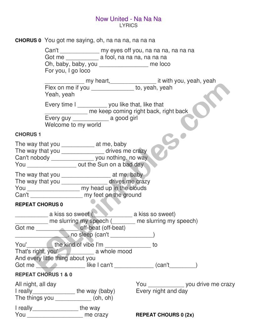 Song Na Na Na By Now United Esl Worksheet By Karyna Ribeiro