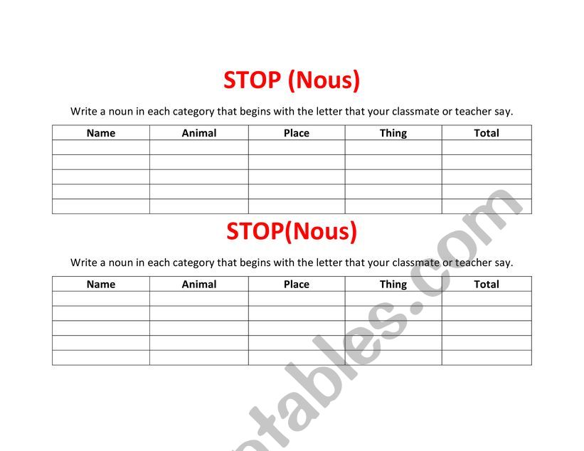 Stop game Nouns worksheet