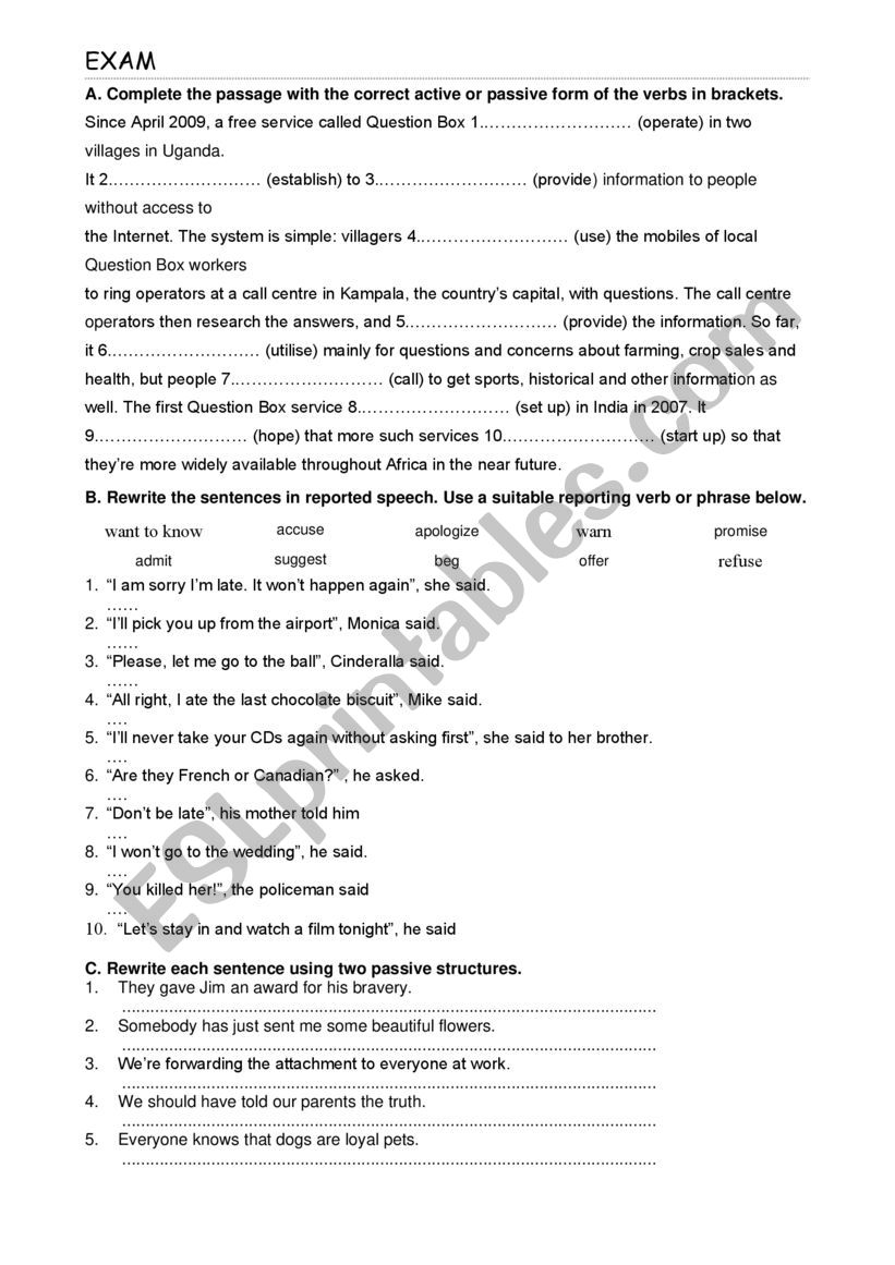 Advanced grammar Exam worksheet