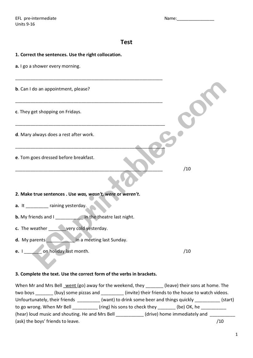 Pre Intermediate Test worksheet